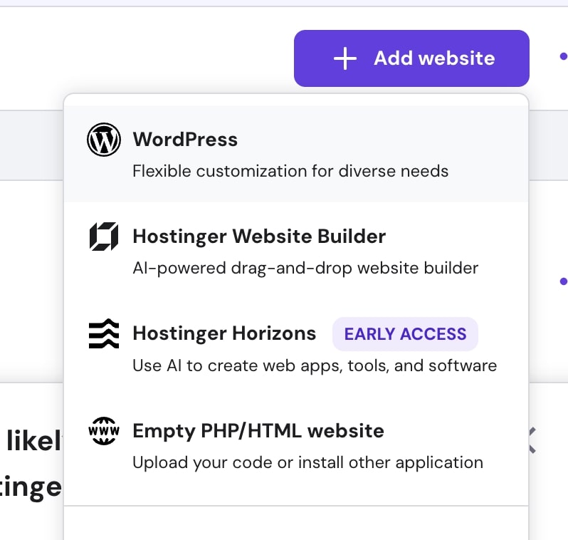 Add Website and select Hostinger Horizons